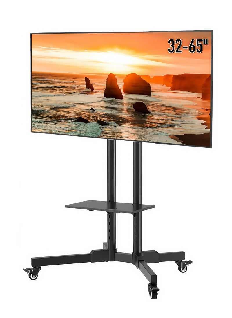 FlashHawk Mobile TV Stand Cart with Shelf and Wheels - Fits 32-65 Inch TVs, Height Adjustable Mobile TV Mount up to 45KG for Outdoor, Home, Office  - Image 1