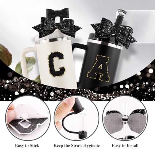 Lingdeer Black Cup Accessories Set for Stanley 30OZ & 40OZ Tumbler with Handle, Letter Charms, Bow & Diamond Straw Covers, Glitter Silicone Boot, Personalized Sticker for Stanley Cup Accessories (G) - Image 4