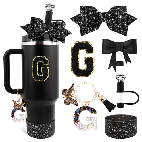 Lingdeer Black Cup Accessories Set for Stanley 30OZ & 40OZ Tumbler with Handle, Letter Charms, Bow & Diamond Straw Covers, Glitter Silicone Boot, Personalized Sticker for Stanley Cup Accessories (G) - Image 1