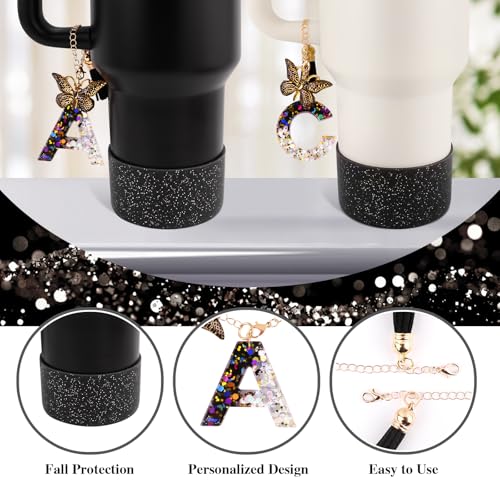 Lingdeer Black Cup Accessories Set for Stanley 30OZ & 40OZ Tumbler with Handle, Letter Charms, Bow & Diamond Straw Covers, Glitter Silicone Boot, Personalized Sticker for Stanley Cup Accessories (G) - Image 5