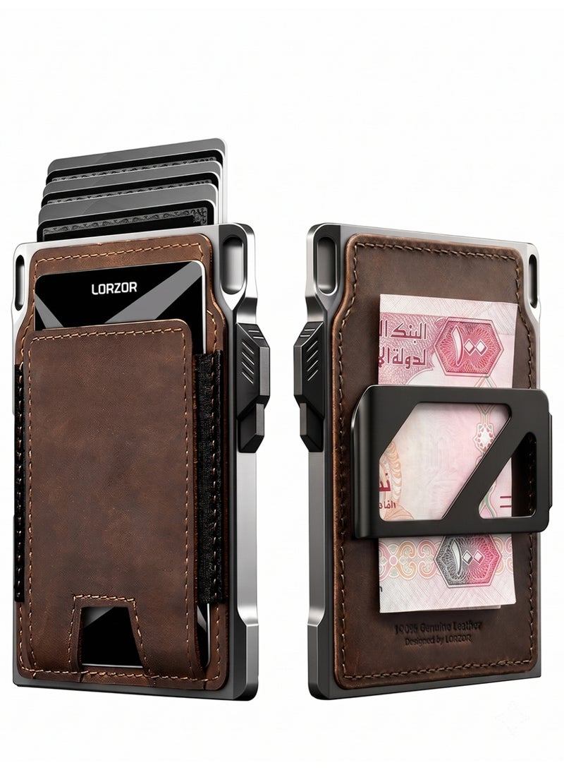 LORZOR Slim RFID Blocking Tactical Wallet with Mechanical Pop-up Card Holder and AirTag Slot for Men, Premium Brown Leather - Image 1