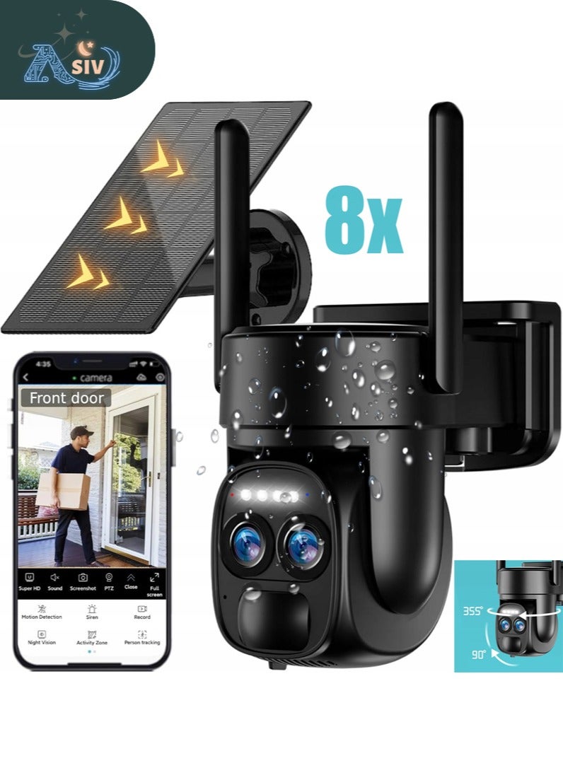 أسيف كاميرا مراقبة لاسلكية شمسية بدقة 4K، كاميرا بطارية ذكية - كشف أحداث مدعوم بالذكاء الاصطناعي، 360° PTZ + هوائيات مزدوجة + تتبع بشري PIR، إنذار ضوئي، رؤية ليلية ملونة، جهاز مراقبة منزلي خارجي بدقة 8MP. - Image 1