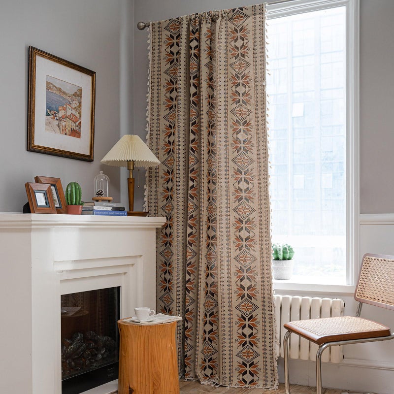 ENJOYBRIDAL Boho Western Curtains 84 Inch Length 2 Panels Geometric Patterned Drapes Bohemian Semi Sheer Rod Pocket Tassel Window Curtain Panels Bedroom Living Room Farmhouse Coffee Brown Vintage Rustic Curtains - Image 2