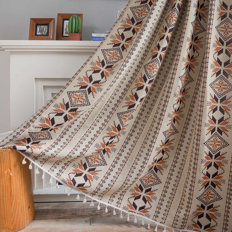 ENJOYBRIDAL Boho Western Curtains 84 Inch Length 2 Panels Geometric Patterned Drapes Bohemian Semi Sheer Rod Pocket Tassel Window Curtain Panels Bedroom Living Room Farmhouse Coffee Brown Vintage Rustic Curtains - Image 3