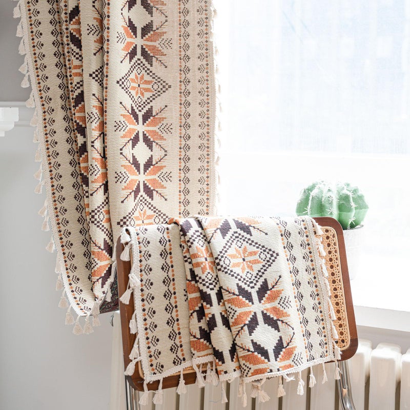 ENJOYBRIDAL Boho Western Curtains 84 Inch Length 2 Panels Geometric Patterned Drapes Bohemian Semi Sheer Rod Pocket Tassel Window Curtain Panels Bedroom Living Room Farmhouse Coffee Brown Vintage Rustic Curtains - Image 5