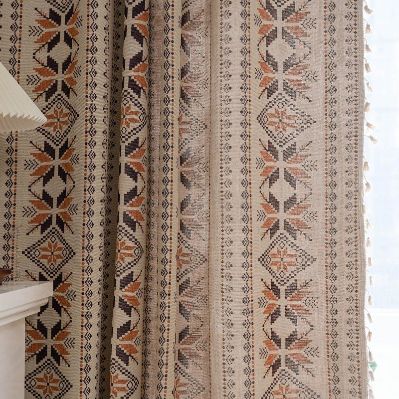 ENJOYBRIDAL Boho Western Curtains 84 Inch Length 2 Panels Geometric Patterned Drapes Bohemian Semi Sheer Rod Pocket Tassel Window Curtain Panels Bedroom Living Room Farmhouse Coffee Brown Vintage Rustic Curtains - Image 1