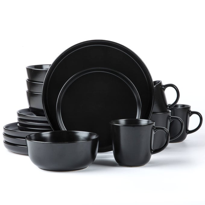SKUGGA ROUND STONEWARE 16PC DINNERWARE SET OF 4 DINNER PLATES SIDE PLATES CEREAL BOWLS MUGS MATTE BLACK 472979