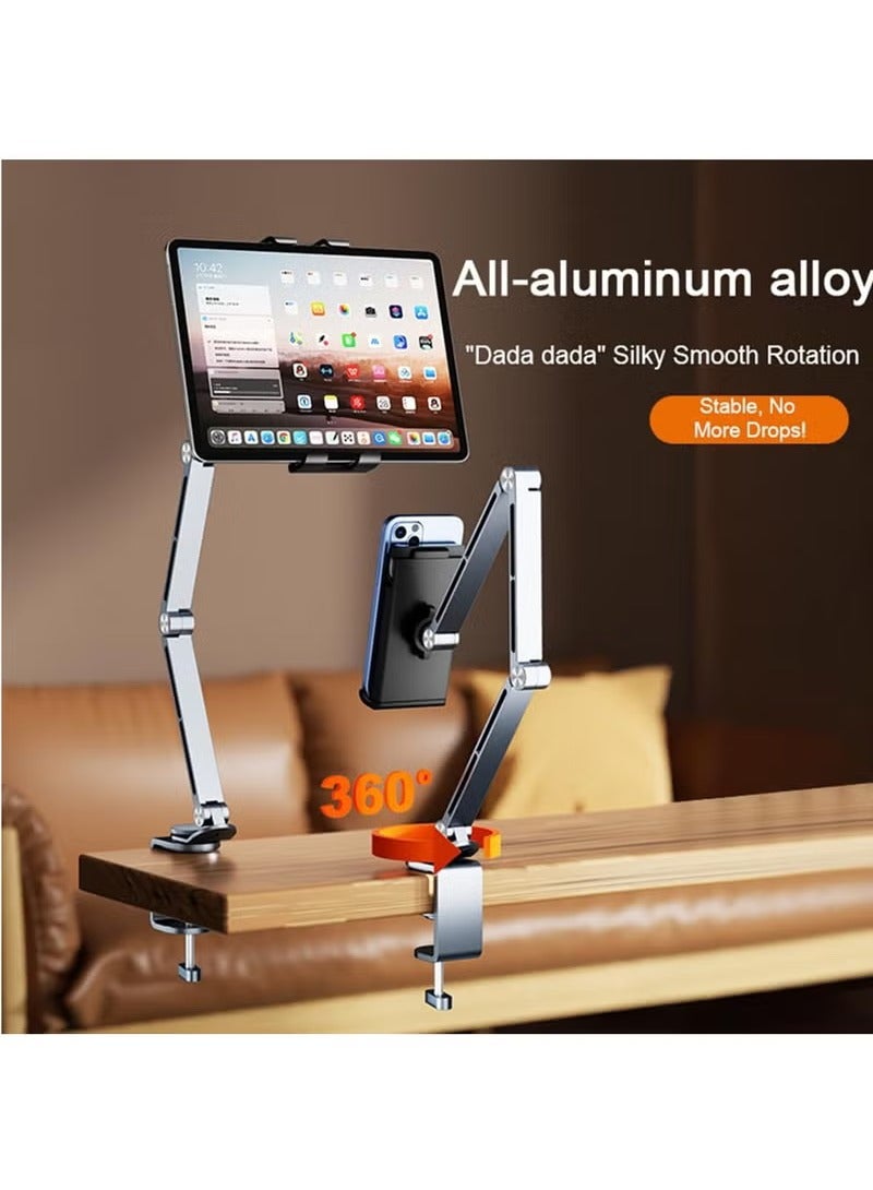 Arabest Heavy Duty Phone/Tablet Metal Holder, Bed Adjustable Foldable Stand for Desk Aluminum Universal Lazy Bracket 360° Rotation Flexible Long Arm for 4-10 Inch Devices (Grey, For Tablets) - Image 2