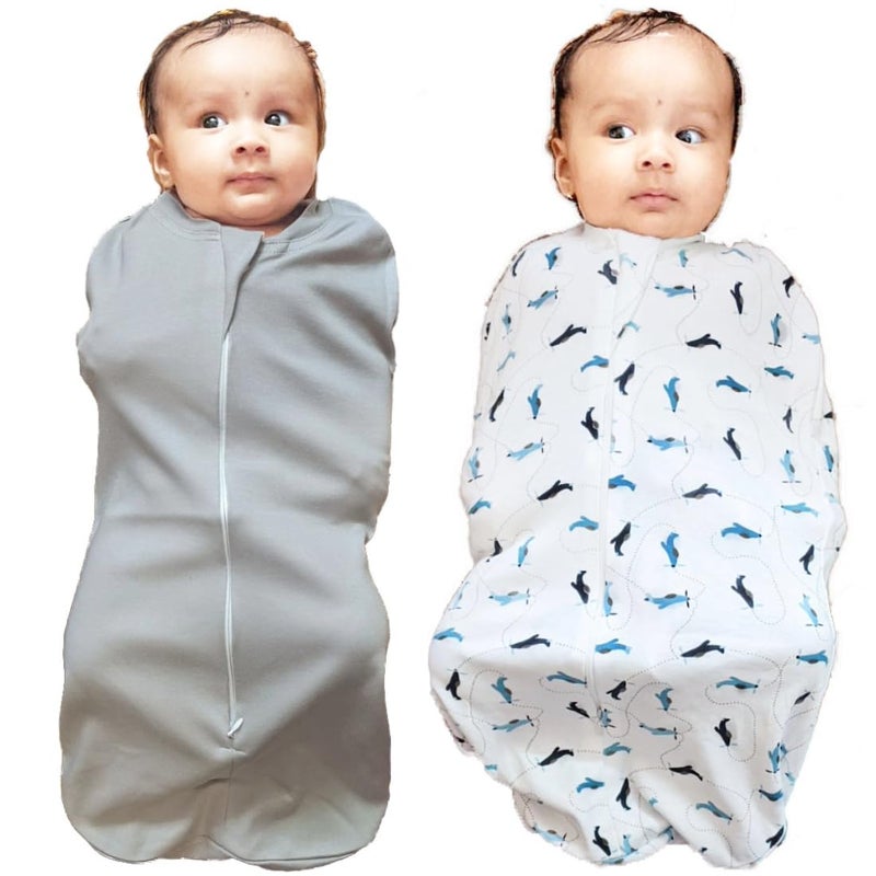 MammaChamp Zipper POD Swaddle Sleeping Sack Blankets Wrap Bag New Born Baby for 03 Months Pack of2 GreyWhite - Image 1