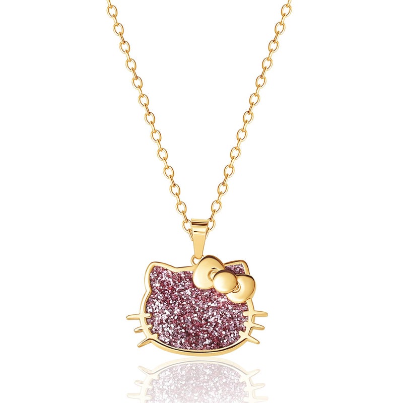 Hello Kitty Sanrio Womens Pink Glitter Necklace 18" - 18kt Gold Flash Plated Sterling Silver Necklace Official License - Image 1