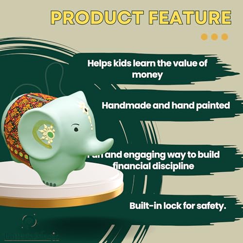 Potter's Magic Ceramic Hand Painted Elephant Piggy Bank with Lock | Modern Lucky Money Bank | Piggy Bank for Womens | Mitti Ka Gullak | kiddy Bank for Boys & Girls (Without Glaze) - Image 3