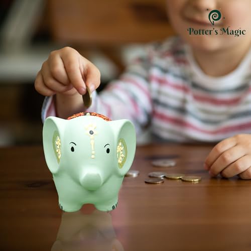 Potter's Magic Ceramic Hand Painted Elephant Piggy Bank with Lock | Modern Lucky Money Bank | Piggy Bank for Womens | Mitti Ka Gullak | kiddy Bank for Boys & Girls (Without Glaze) - Image 5