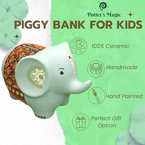 Potter's Magic Ceramic Hand Painted Elephant Piggy Bank with Lock | Modern Lucky Money Bank | Piggy Bank for Womens | Mitti Ka Gullak | kiddy Bank for Boys & Girls (Without Glaze) - Image 2