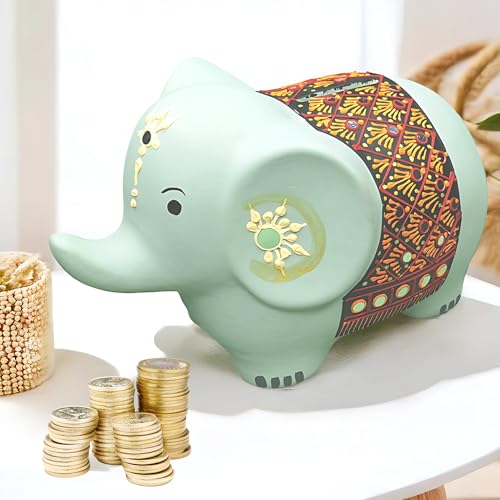 Potter's Magic Ceramic Hand Painted Elephant Piggy Bank with Lock | Modern Lucky Money Bank | Piggy Bank for Womens | Mitti Ka Gullak | kiddy Bank for Boys & Girls (Without Glaze) - Image 1
