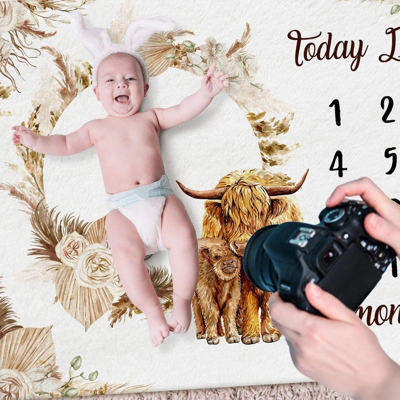 Mindsoft Boho Floral Baby Monthly Milestone Blanket Neutral Bohemian Photo Prop Blanket Personalized Highland Cow Baby Present Pampas Grass Ideas for Newborn Nursery Decor Brown Highland Cow - Image 2