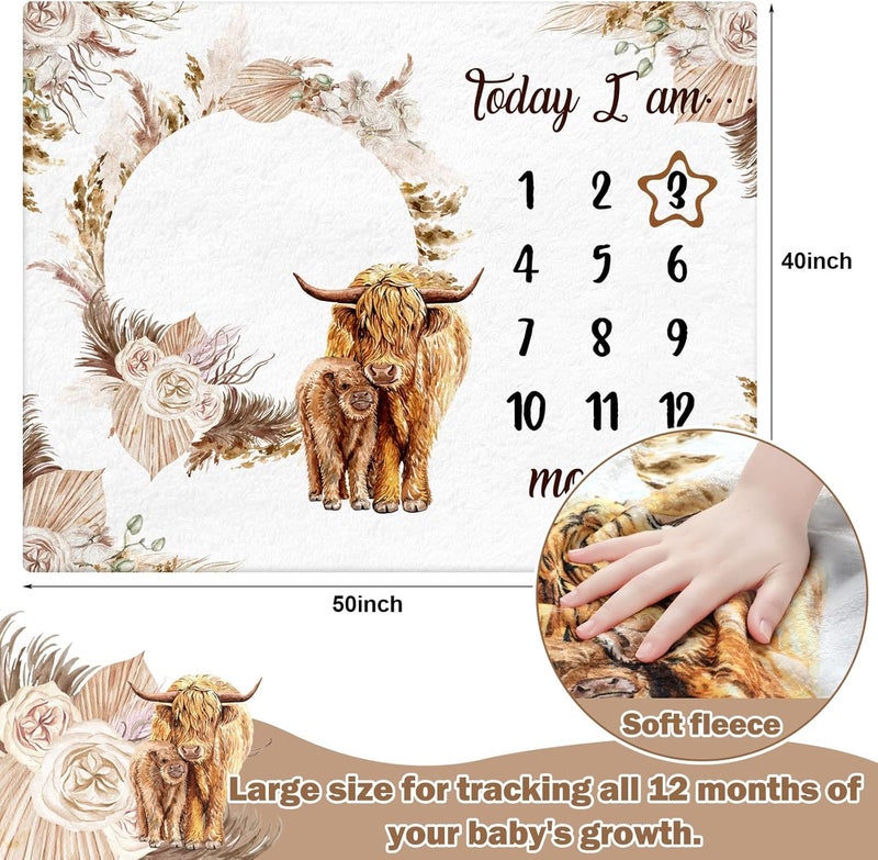 Mindsoft Boho Floral Baby Monthly Milestone Blanket Neutral Bohemian Photo Prop Blanket Personalized Highland Cow Baby Present Pampas Grass Ideas for Newborn Nursery Decor Brown Highland Cow - Image 4