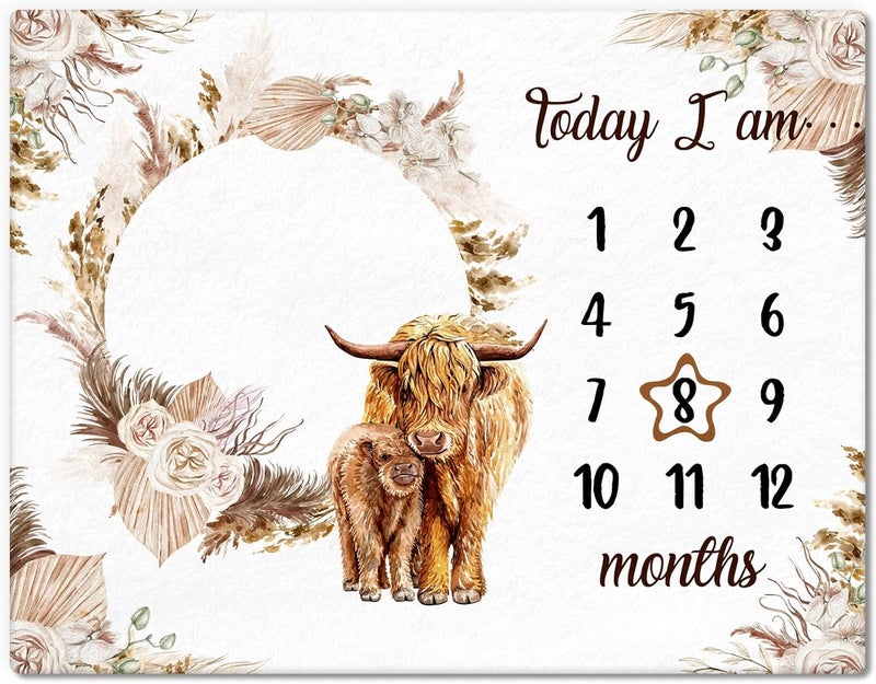 Mindsoft Boho Floral Baby Monthly Milestone Blanket Neutral Bohemian Photo Prop Blanket Personalized Highland Cow Baby Present Pampas Grass Ideas for Newborn Nursery Decor Brown Highland Cow - Image 1