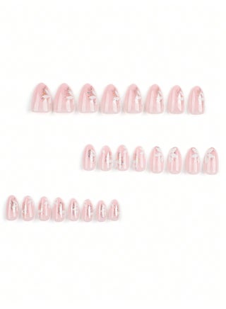 Press On Nails, 24-Piece False Nails Set with Nude Pink Jelly Gradient, Oval Full Cover Artificial Nails with Floral Details, Jelly Tabs and Nail File for Women (Nude Pink) - view 2