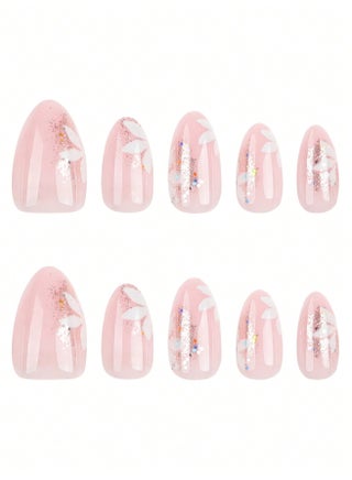 Press On Nails, 24-Piece False Nails Set with Nude Pink Jelly Gradient, Oval Full Cover Artificial Nails with Floral Details, Jelly Tabs and Nail File for Women (Nude Pink) - view 4