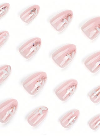 Press On Nails, 24-Piece False Nails Set with Nude Pink Jelly Gradient, Oval Full Cover Artificial Nails with Floral Details, Jelly Tabs and Nail File for Women (Nude Pink) - view 3