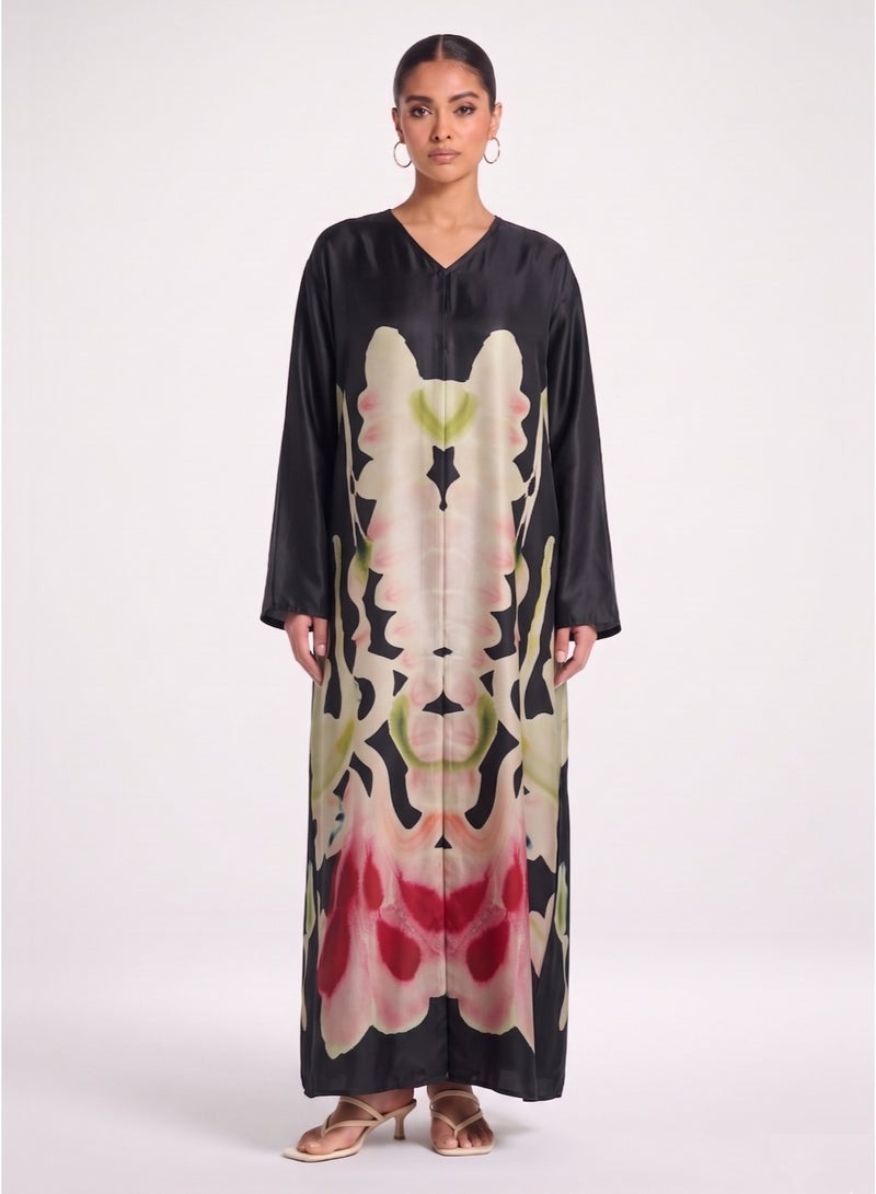 Next Abaya Luxury Symmetrical Abstract Watercolor Print Silk Closed Abaya Black and Pink Maxi Dress - Image 1