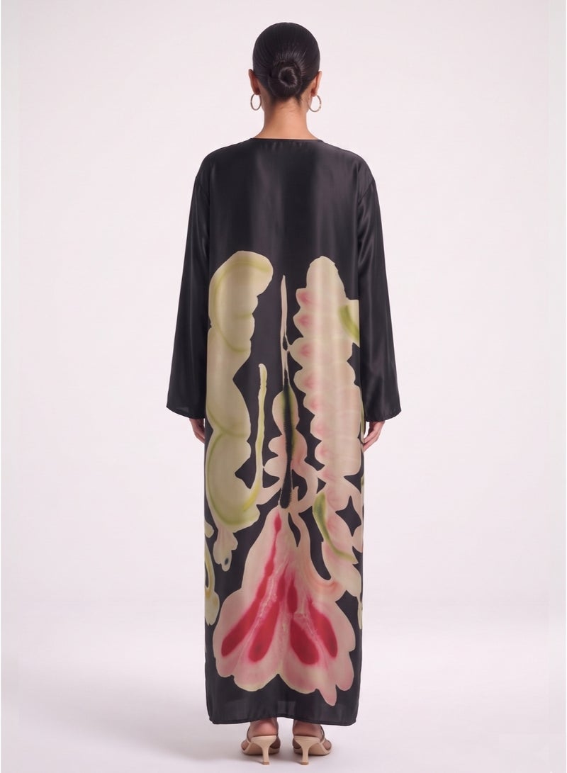 Next Abaya Luxury Symmetrical Abstract Watercolor Print Silk Closed Abaya Black and Pink Maxi Dress - Image 2