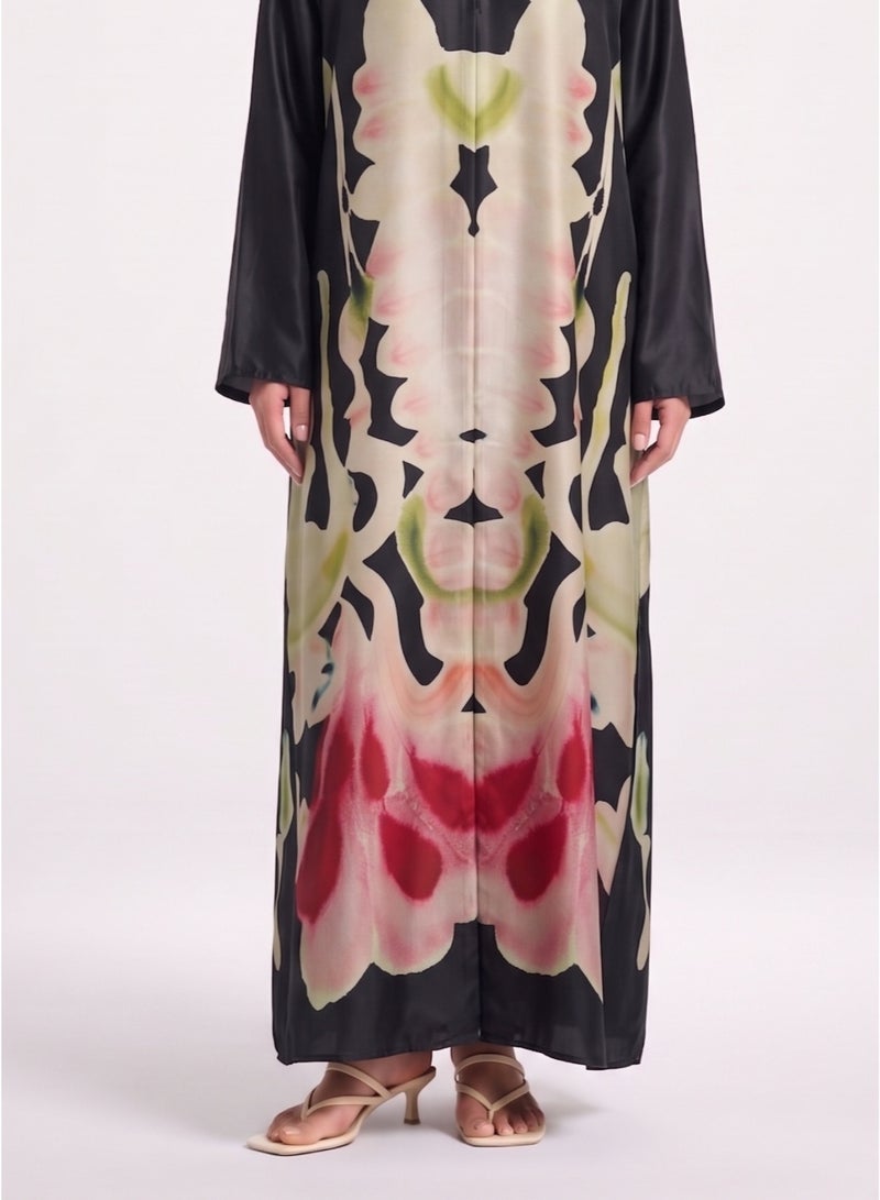 Next Abaya Luxury Symmetrical Abstract Watercolor Print Silk Closed Abaya Black and Pink Maxi Dress - Image 3