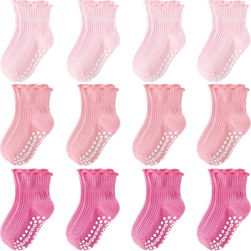 Aroveea Baby Toddler Girls Socks Grip Ruffle Non Slip Girls Cotton 12 Pack Socks for 1-3T Kids Cute Ankle 6M-7Years - Image 1