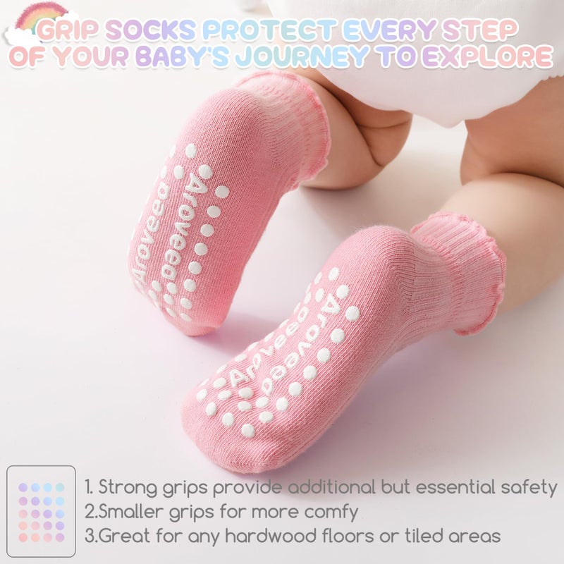 Aroveea Baby Toddler Girls Socks Grip Ruffle Non Slip Girls Cotton 12 Pack Socks for 1-3T Kids Cute Ankle 6M-7Years - Image 4