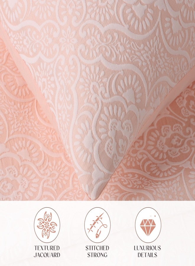 سوبيريور طقم غطاء سرير فاخر من 3 قطع، ديكور منزلي للسرير، غطاء سرير مزخرف، غطاءا وسادة، بطانية متوسطة الوزن، غطاء سرير مزين بنقوش زهور، مستلزمات أساسية للفراش، مجموعة إنزي، مقاس كامل، لون خوخي - Image 4