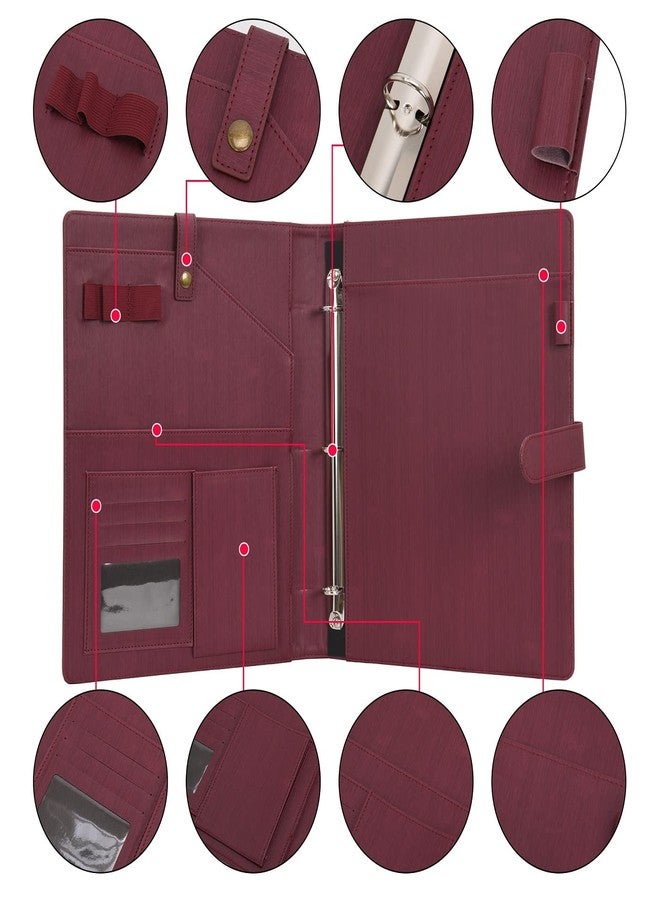 Wonderpool A4 PU Leather Portfolio Holder Ring File Document Case with Removable Binder Clipboard, Multi Pocket and Legal Pad for Business Organizer Interview and Meeting (Wine red) - Image 3