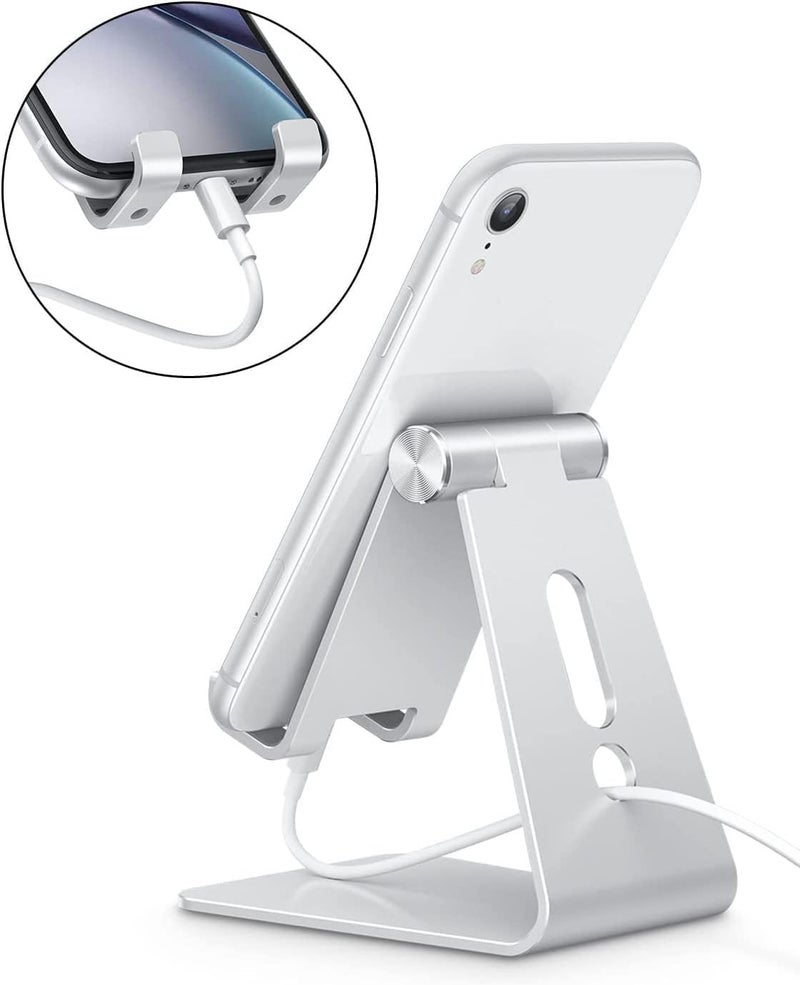 Omoton Adjustable Cell Phone Stand, OMOTON Aluminum Desktop Cellphone Stand with Anti-Slip Base and Convenient Charging Port, Fits All Smart Phones, Silver - Image 4