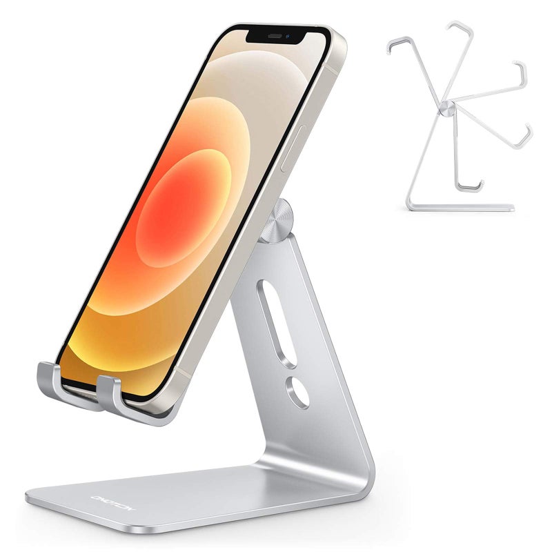 Omoton Adjustable Cell Phone Stand, OMOTON Aluminum Desktop Cellphone Stand with Anti-Slip Base and Convenient Charging Port, Fits All Smart Phones, Silver - Image 1