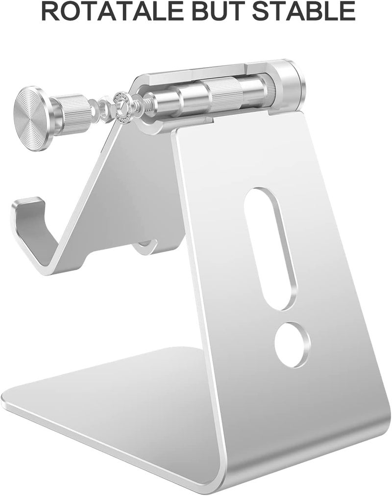 Omoton Adjustable Cell Phone Stand, OMOTON Aluminum Desktop Cellphone Stand with Anti-Slip Base and Convenient Charging Port, Fits All Smart Phones, Silver - Image 5