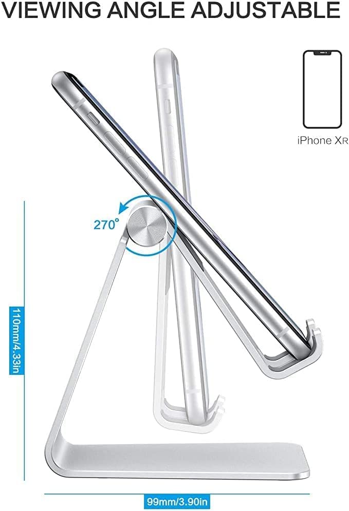 Omoton Adjustable Cell Phone Stand, OMOTON Aluminum Desktop Cellphone Stand with Anti-Slip Base and Convenient Charging Port, Fits All Smart Phones, Silver - Image 3