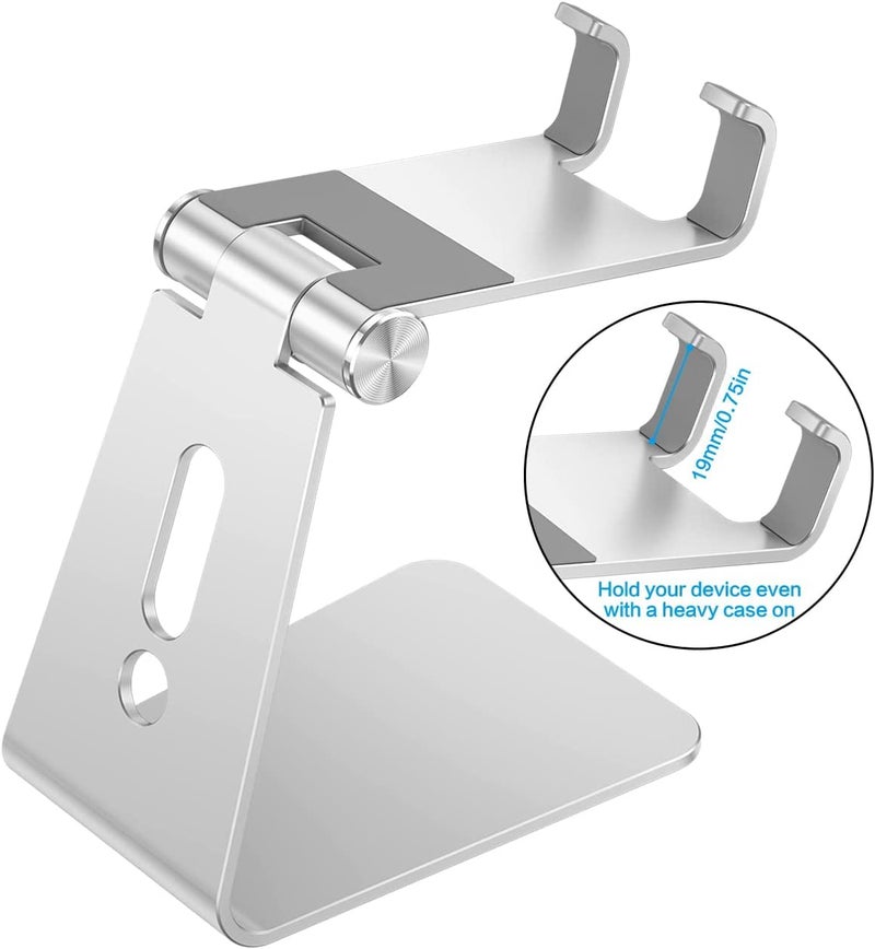 Omoton Adjustable Cell Phone Stand, OMOTON Aluminum Desktop Cellphone Stand with Anti-Slip Base and Convenient Charging Port, Fits All Smart Phones, Silver - Image 2