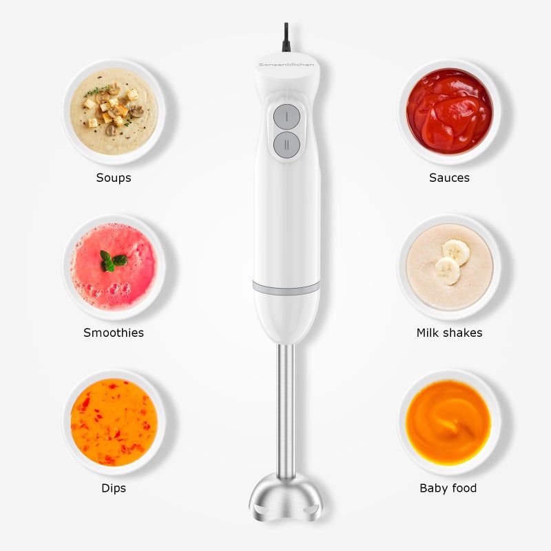 Bonsenkitchen Hand Blender, Immersion Blender with 2 Mixing Speed, 2-In-1 Hand Held Stick Mixer with Beaker for Soups, Smoothies, Sauce, White - Image 4