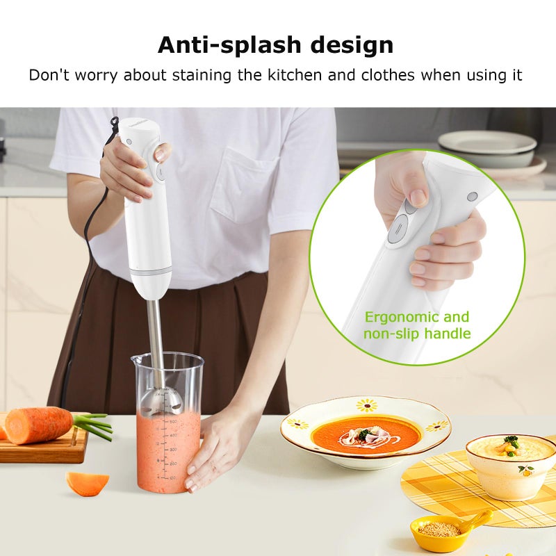 Bonsenkitchen Hand Blender, Immersion Blender with 2 Mixing Speed, 2-In-1 Hand Held Stick Mixer with Beaker for Soups, Smoothies, Sauce, White - Image 3