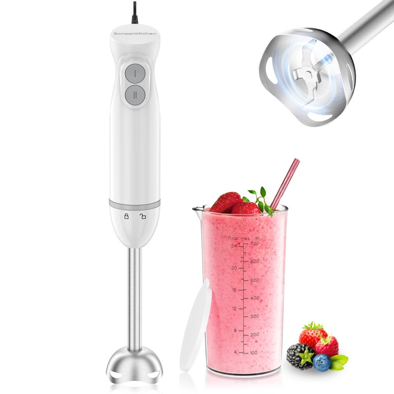 Bonsenkitchen Hand Blender, Immersion Blender with 2 Mixing Speed, 2-In-1 Hand Held Stick Mixer with Beaker for Soups, Smoothies, Sauce, White - Image 1