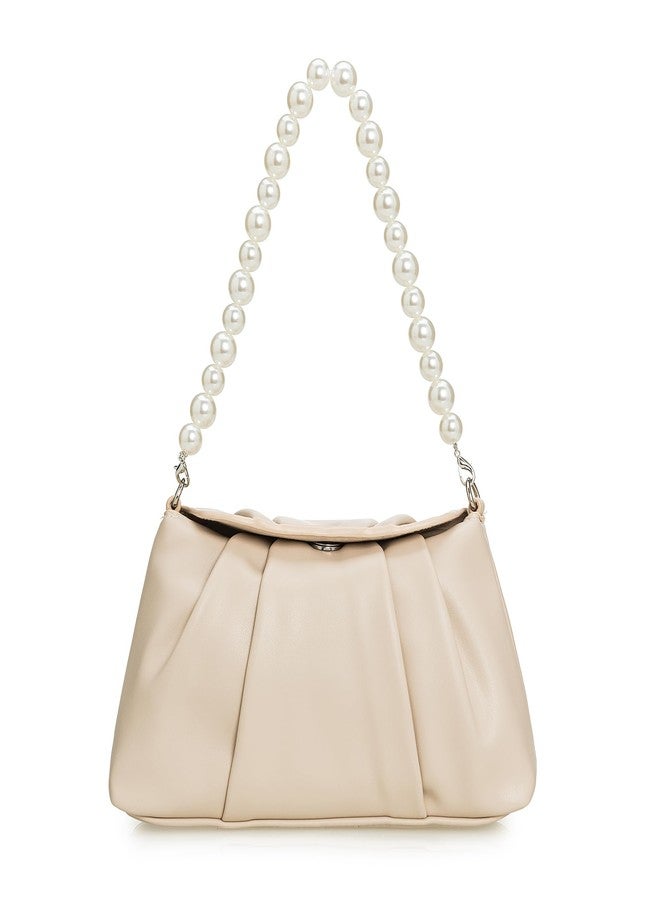 IXEBELLA PU Clutch Handbag for Women Evening Bag Formal Dressy Purse with Pearl Strap (Cream) - Image 1