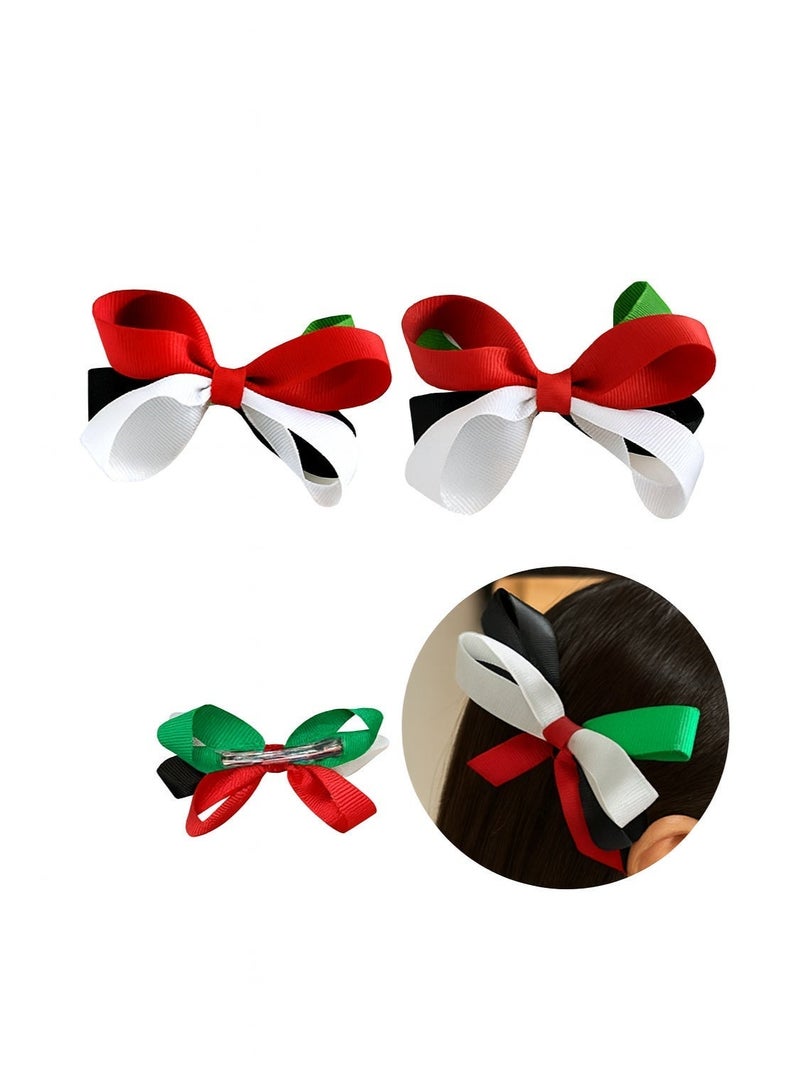 إكسسوارات شعر علم الإمارات 2 قطع – مشابك شعر يدوية بأشرطة الريبن لألوان العلم الإماراتي لاحتفالات اليوم الوطني ويوم العلم وفعاليات المدارس | دبابيس شعر وطنية للبنات والنساء | تصميم احتفالي بألوان الأحمر والأخضر والأبيض والأسود - Image 1