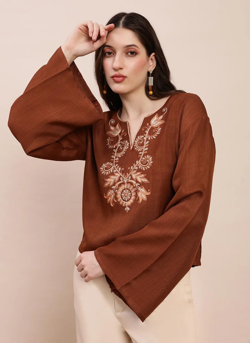 globus Globus Women Brown Embroidered V-Neck Bell Sleeves Top