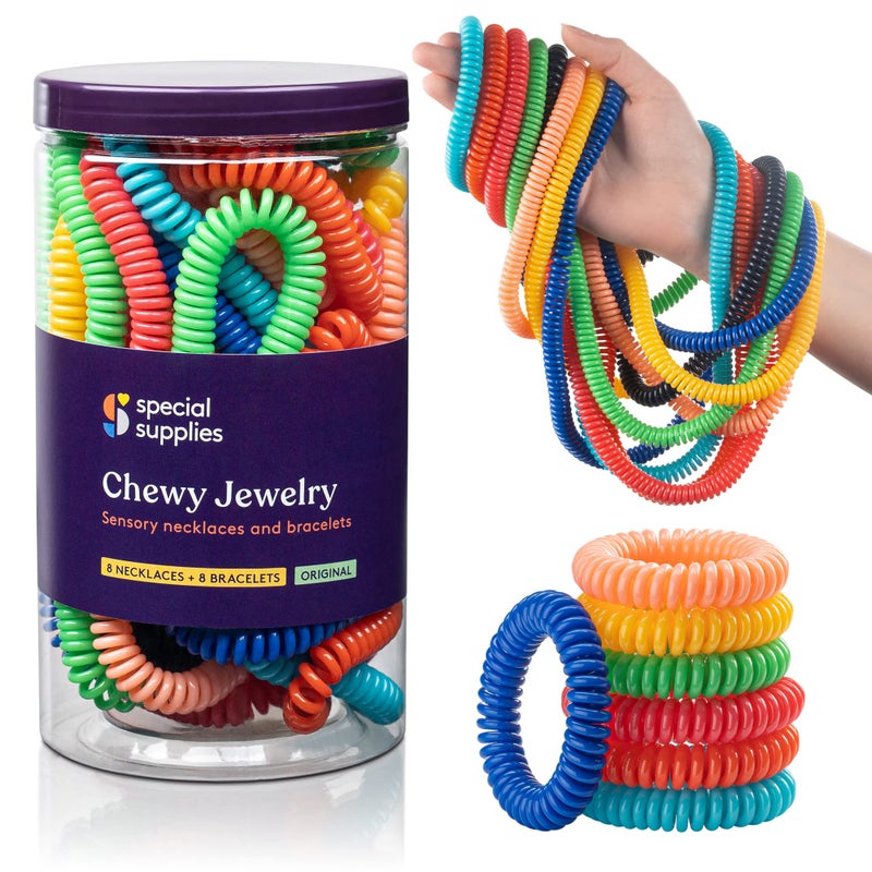 Special Supplies Special Supplies Chewy Jewelry Sensory Necklaces and Bracelets 16 Pack Soft and Flexible Silicone Interactive Relief for Kids Multicolor