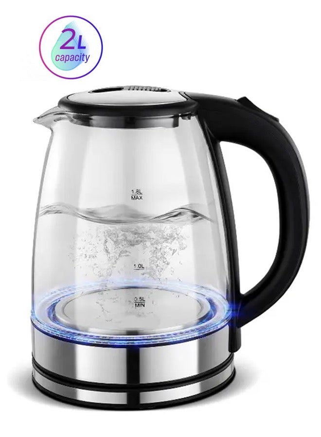 Electric Kettle, Water Kettle, Cordless Glass, 2L Capacity with Auto Shut-Off Function, 1500W, Black/Silver  - Image 1