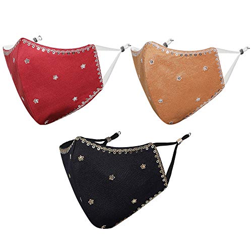 MASQ By Q-One Shubh 4 Layer, Reusable, with Ear Adjusters, Anti-Bacterial (BFE>99%) Embroidered Cotton Cloth Face Mask Combo for Women, Girls (Medium, Black-Red-Gold, Pack of 3) - Image 1