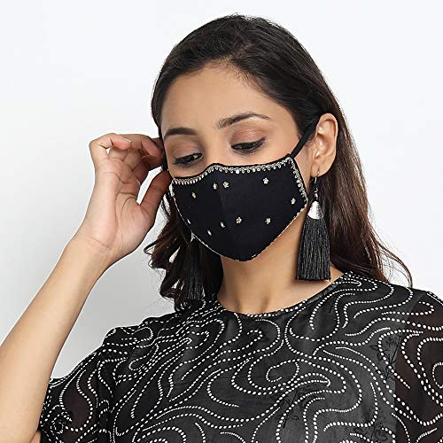 MASQ By Q-One Shubh 4 Layer, Reusable, with Ear Adjusters, Anti-Bacterial (BFE>99%) Embroidered Cotton Cloth Face Mask Combo for Women, Girls (Medium, Black-Red-Gold, Pack of 3) - Image 2