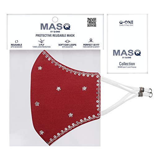 MASQ By Q-One Shubh 4 Layer, Reusable, with Ear Adjusters, Anti-Bacterial (BFE>99%) Embroidered Cotton Cloth Face Mask Combo for Women, Girls (Medium, Black-Red-Gold, Pack of 3) - Image 5