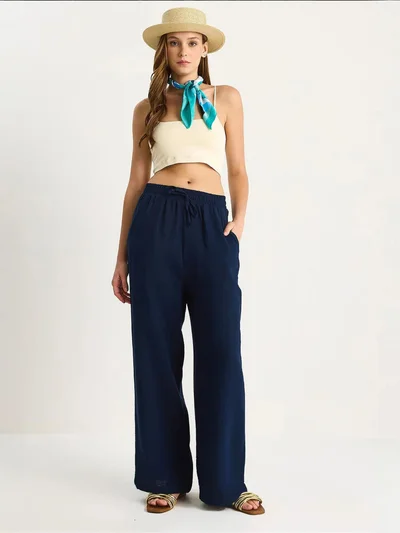 Bianco Lucci LUCCI High Waist Straight Leg Pants with Drawstring Waist