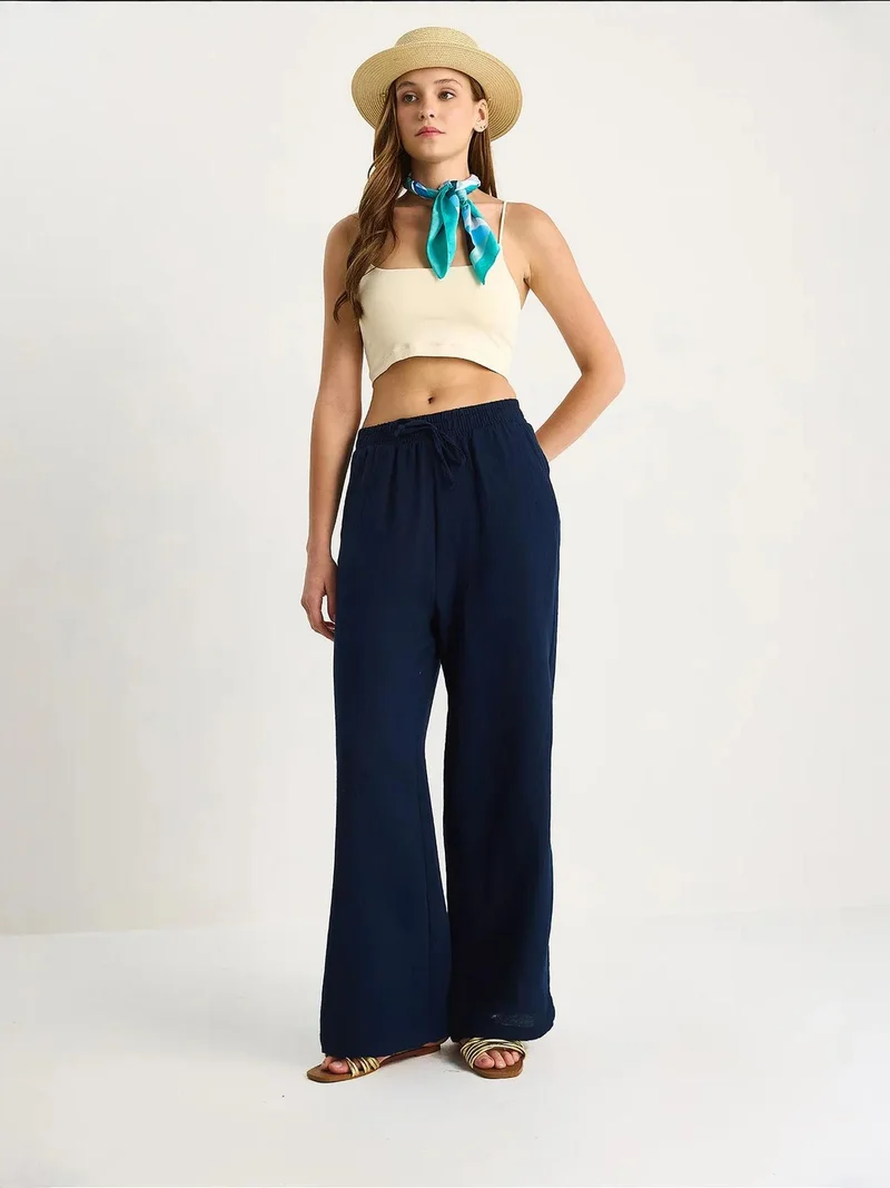 Bianco Lucci LUCCI High Waist Straight Leg Pants with Drawstring Waist
