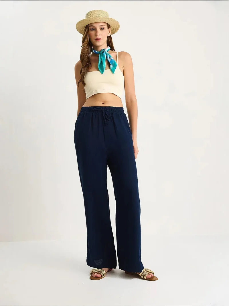 Bianco Lucci LUCCI High Waist Straight Leg Pants with Drawstring Waist